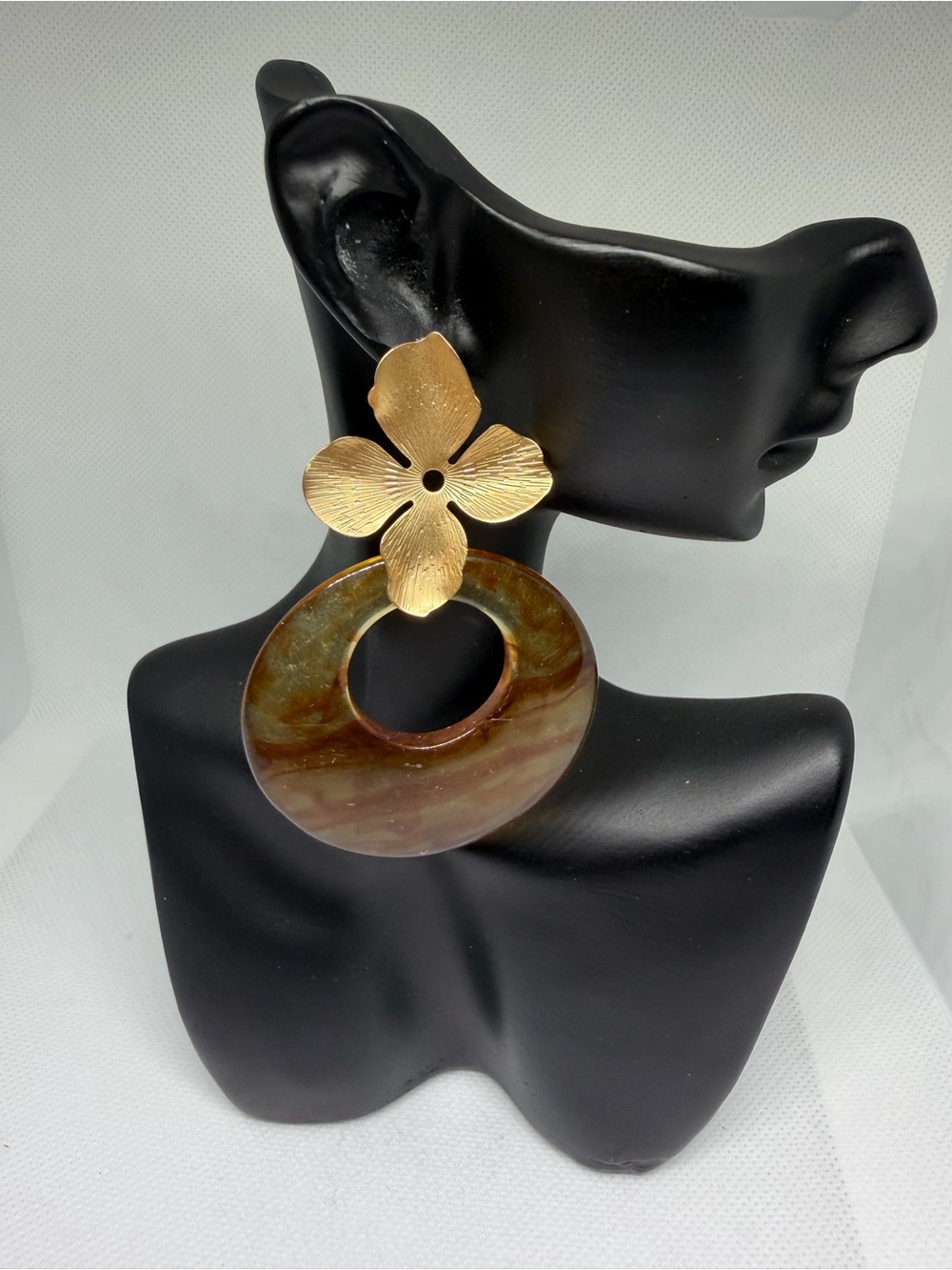 Gold Flower & Brown Marbled Hoop Statement Earrings - Women's Jewelry